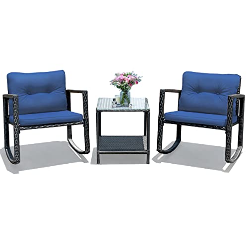 COSTWAY 3PCS Patio Rattan Furniture Set Rocking Chairs Cushioned Sofa Navy