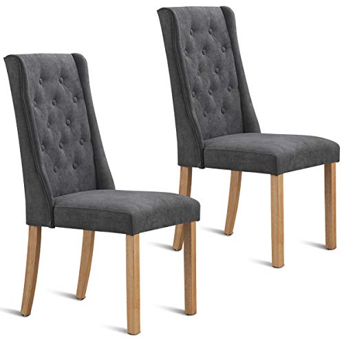 COSTWAY Set of 2 Dining Chair Backrest Cushioned Parsons Dining Side Chair with Solid Wooden Legs，Fabric Button-Tufted, Comfortable Upholstered Back and Seat,Classic Parsons Button Tufted Accent, Lei