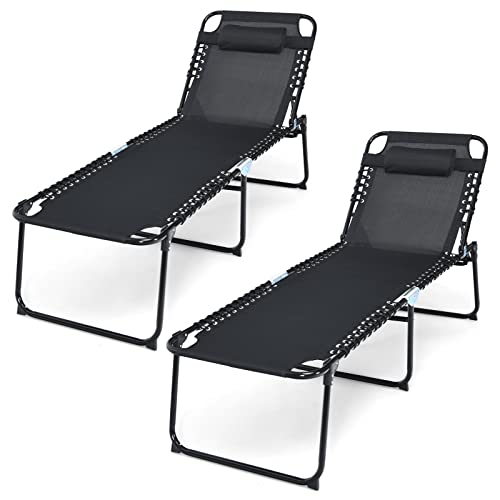 COSTWAY 2 PCS Folding Lounge Chaise 16" High Recline Chair W/Adjustable Backrest and Footrest Black