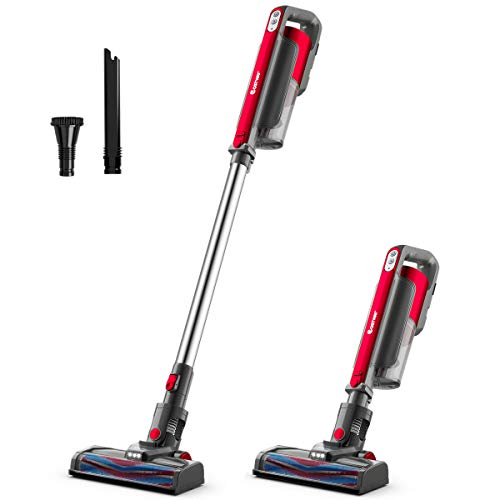 COSTWAY 6 in 1 Cordless Bagless Vacuum Cleaner, Lightweight Ultra-Quiet Handheld HEPA Stick Vacuum with 12KPa Suction, Rechargeable Battery and LED Brush for Hard Floor, Carpet, Car, Pet Hair (Red)