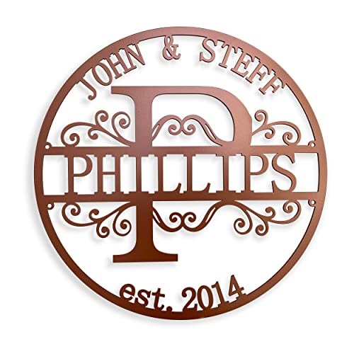 FranJohnsonHouse, Personalized Family Last Name Sign, Initial Split Letter Wreath, Wedding Gift, Custom First Names, Established Monogram, Door Hanger Wall Decor Housewarming, Metal Sign in Copper