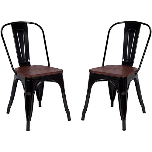 COSTWAY Tolix Style Dining Chairs Industrial Metal Stackable Cafe Side Chair w/Wood Seat Set of 2 (Black)