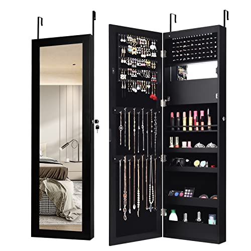 COSTWAY 12 LEDs Mirror Jewelry Cabinet, Wall/Door Mounted Jewelry Organizer Cabinet with 53.5Ó Full Length Mirror & Large Storage Capacity, Lockable Jewelry Armoire for Women Girls (Black)