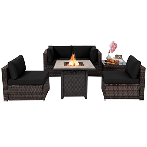 COSTWAY 6 PCS Patio Wicker Furniture Set 30" Gas Fire Pit Table 50,000 BTU Black