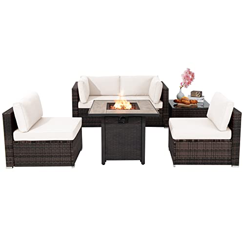 COSTWAY 6 PCS Patio Wicker Furniture Set 30" Gas Fire Pit Table 50,000 BTU Off White