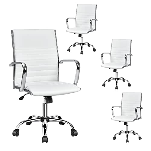 COSTWAY Ribbed Office Chair Set of 4, Swivel Executive PU Leather High Back Chair with Height Adjustable, Armrest, Rocking Backrest, Lumbar Support, Ergonomic Task Managerial Chair for Home (White)