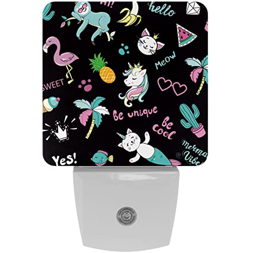 2 Pack Plug-in Nightlight LED Night Light Cute Cartoon Pop Art Unicorn Flamingo Toucan Cat, Dusk-to-Dawn Sensor for Kid's Room Bathroom, Nursery, Kitchen, Hallway
