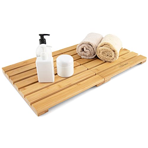 COSTWAY Bamboo Bath Mat, Foldable & Waterproof Shower Bathtub Mat w/Non Slip Foot Pads & Slatted Design, Heavy Duty Floor Mat for Indoor & Outdoor Use, 23.5 x 13.5 Inches, Natural