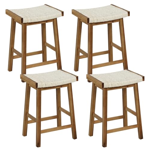 COSTWAY Dining Saddle Stools Set of 4, 25.5-inch Height Bar Stools with Seaweed Woven Seat, Rubber Wood, Acacia Wood Frame, Footrests, Natural Counter Height Stools for Kitchen Island, Dining Room