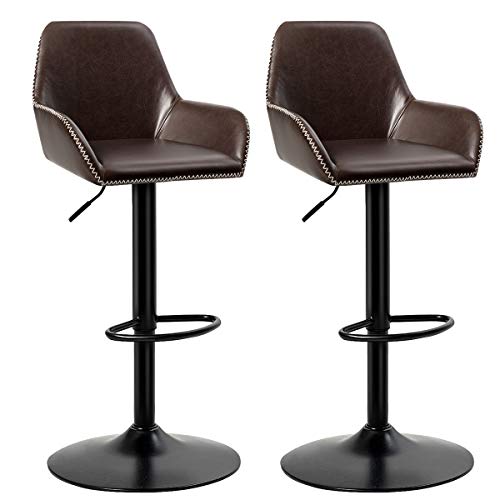 COSTWAY Vintage Bar Stools, Set of 2 Adjustable Swivel Bar Chairs with Backrest and Footrest, Soft Cushioned Leather Seat, Comfortable barstools for Bar, Kitchen, Dining Room, Bistro Pub, Brown