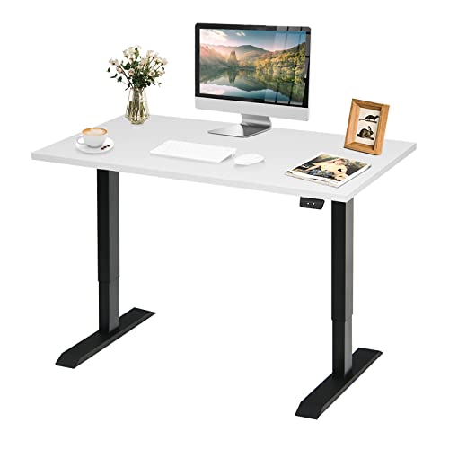 COSTWAY Electric Standing Desk, Height Adjustable Sit Stand Computer Desk w/Adjustable Foot Pad, Solid One-Piece Top & All-Steel Frame for Home Office (White + Black)