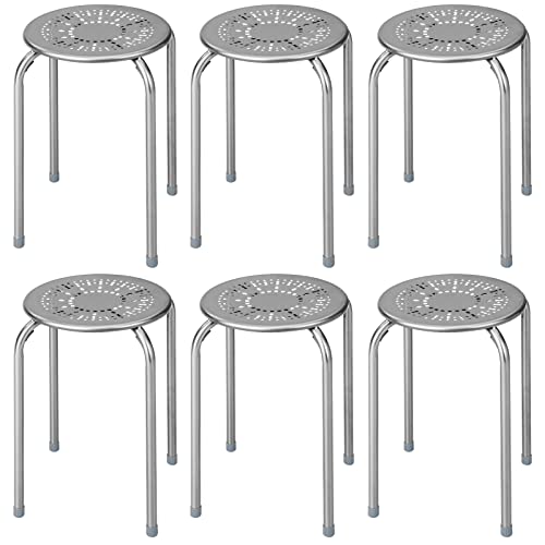 COSTWAY 6-Pack Steel Stack Stools, 17.5-InchÊHeight Portable Stackable Backless School Stools with Daisy Design, Round Classroom Decoration Stools Set of 6 for Kids Children Students, Grey