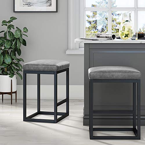 Nathan James Set of 2 Nelson Backless Pub-Height Kitchen Counter Bar Stool with Faux Leather Cushion and Metal Base, 24", Gray/Black