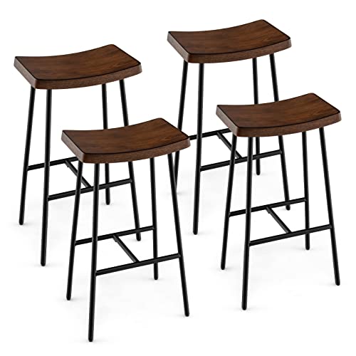 COSTWAY Bar Stools Set of 4, 29-Inch Height Industrial Saddle Stools with Footrest, Metal Legs, Adjustable Foot Pads, Backless Counter Height Chairs for Living Room Kitchen Bar, Rustic Brown and Black