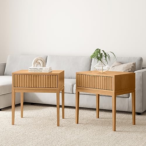 Nathan James Jasper Mid-Century Accent Side or End Table with Storage, Wood Frame, Natural Brown - Set of 2