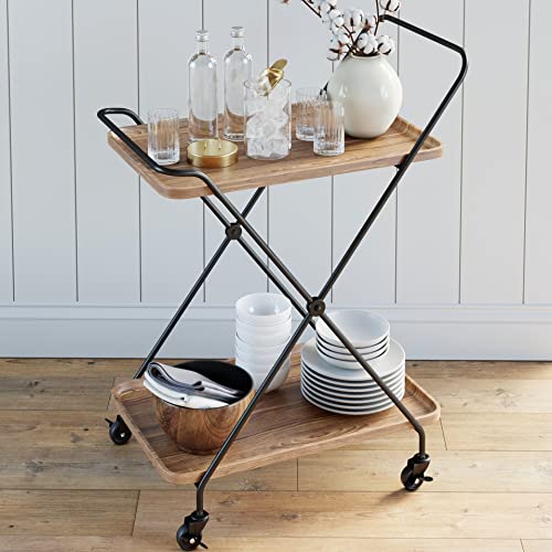 Nathan James Mid-Century Modern Two Tier Rolling Serving, Hallie Wood Bar Cart, Beige/Black