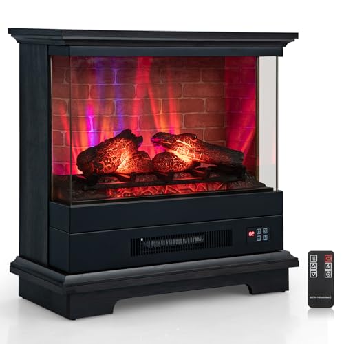 COSTWAY Electric Fireplace with 3-Sided Glass 27-inch Wide, 1400W Freestanding Fireplace Heater with Remote Control, 7-Level Vivid Flame, Thermostat, 0.5-6H Timer, Overheating Protection, Black