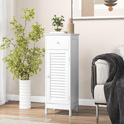 COSTWAY Bathroom Storage Cabinet, Single Door Storage Organizer w/ 1 Drawer & Adjustable Shelf, Freestanding Narrow Slim Floor Cabinet for Living Room Bedroom Hallway (White)