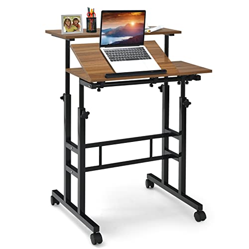 COSTWAY Mobile Standing Desk, Laptop Cart with Flip-Over Desktop, Overbed Table with Wheels, Computer Desk for Standing or Sitting, Height Adjustable Workstation for Home & Office (Walnut)