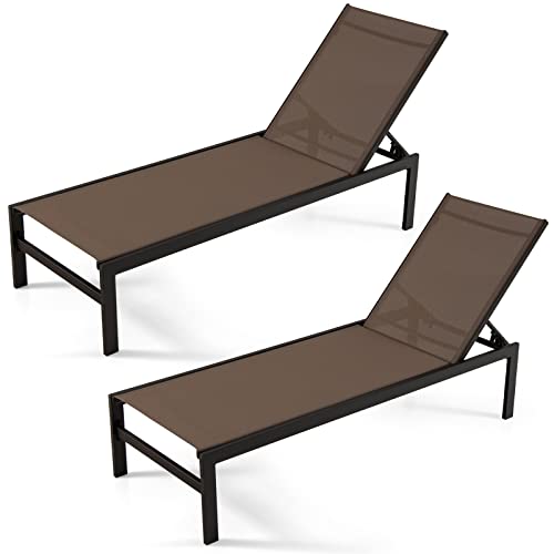 COSTWAY 2 PCS 6-Position Lounge Chair Chaise Aluminium Adjust Recliner Brown