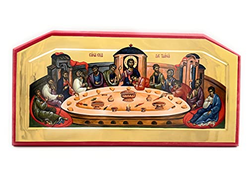 Wooden Byzantine Orthodox Christian Icon Jesus and His Disciples at The Last Supper (19" x 9.5")