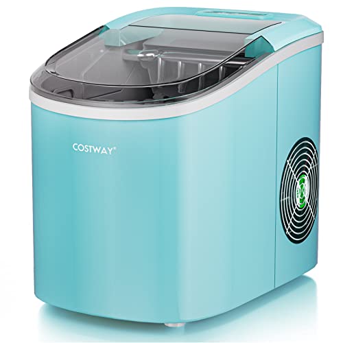 COSTWAY Countertop Ice Maker, Self-Cleaning Function, Ready in 6 Minutes, 27 LBS/24H Portable Bullet-Shaped Ice Cube Maker with Scoop, Removable Basket, Compact Ice Machine for Home, Office, Green