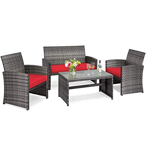 COSTWAY 4PCS Patio Rattan Furniture Set Conversation Glass Table Top Cushioned Sofa Red