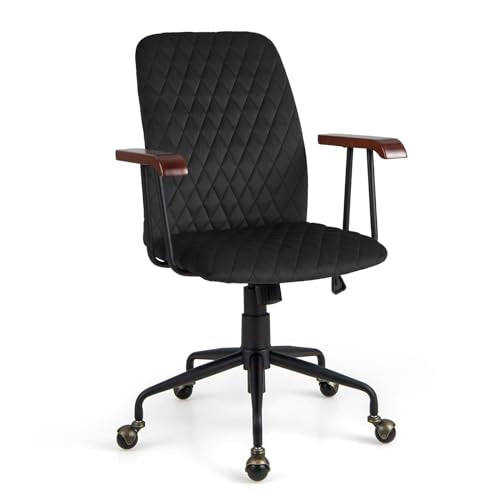 COSTWAY Velvet Office Chair, Upholstered Home Leisure Chair with Rubber Wood Armrests & 5-Claw Metal Base, Vintage Mid-Back Computer Desk Chair for Adult, Home, Office, Study (Black)