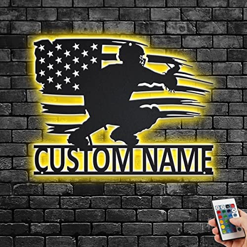 Custom US Baseball Catcher Metal Wall Art With LED Light,Personalized Baseball Player Name Sign Decoration For Room,Baseball Metal LED Decor