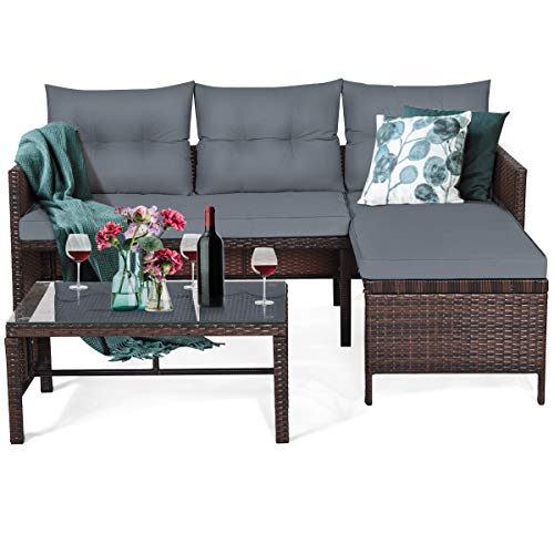 COSTWAY 3-Piece Wicker Rattan Patio L-Shape Corner Sofa Set in Gray