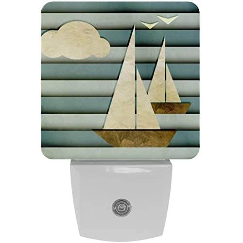 2 Pack Plug-in Nightlight LED Night Light Cartoon Boats Cloud and Seagulls, Dusk-to-Dawn Sensor for Kid's Room Bathroom, Nursery, Kitchen, Hallway