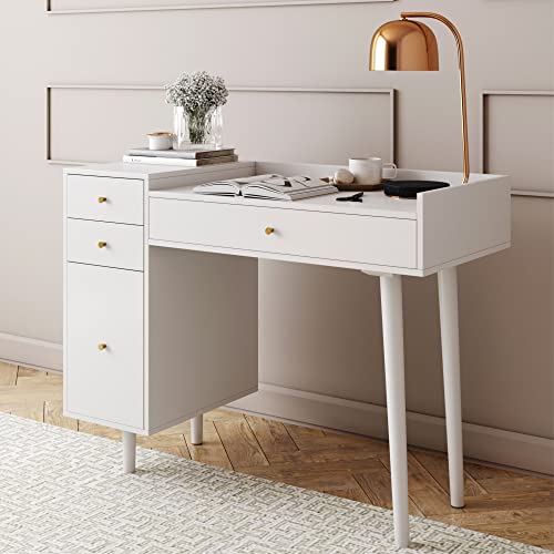 Nathan James Daisy Vanity Dressing Table or Makeup Desk with 4-Drawers and Brass Accent Knobs, White Wood