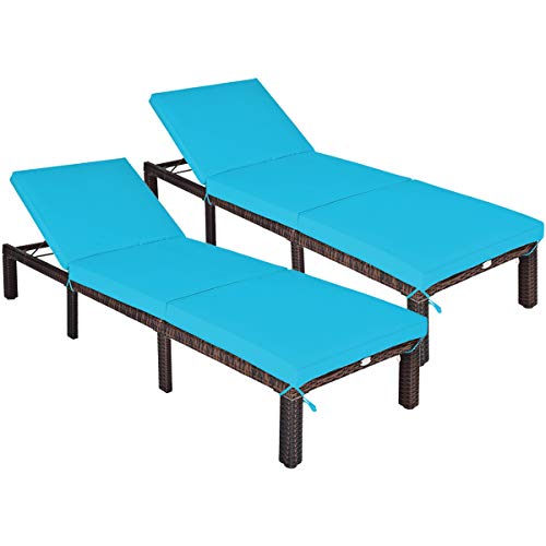 COSTWAY 2PCS Rattan Lounge Chair Chaise Recliner Adjustable Cushioned Turquoise