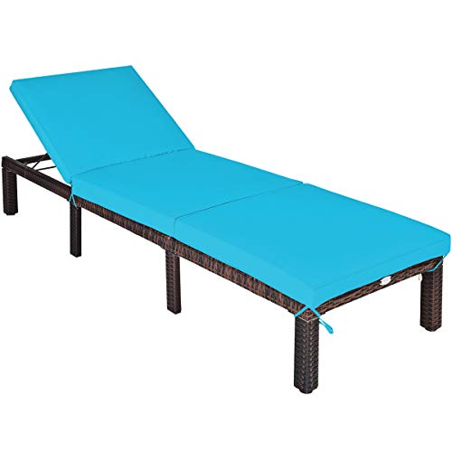 COSTWAY Rattan Lounge Chair Chaise Recliner Adjustable Cushioned Patio Turquoise