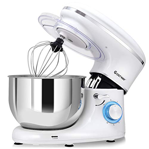 COSTWAY Stand Mixer, 6.3-Qt 660W 6-Speed Electric Mixer with Stainless Steel Bowl, Tilt-Head Food Mixer with Dough Hook, Beater, Whisk (White)