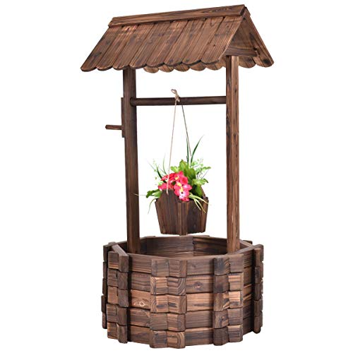 COSTWAY VD-3047OP Outdoor Wooden Wishing Well Bucket Flower Plants Planter Patio, Wood