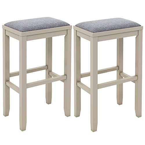 COSTWAY Upholstered Saddle Stools Set of 2, 31-inch Height Vintage Counter Height Chairs with Solid Wood Legs, Modern Backless Design Indoor Bar Stools for Kitchen, Dining, Pub and Bistro, White