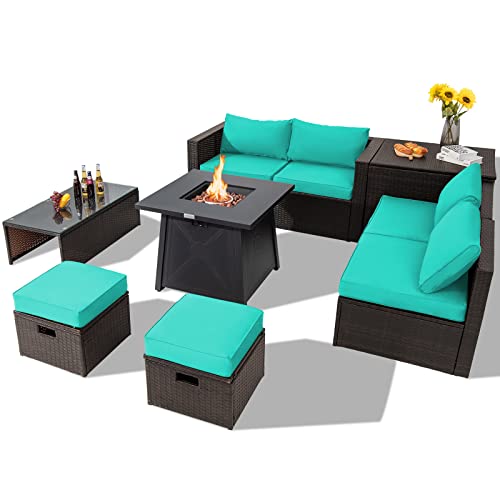 COSTWAY 9PCS Patio Rattan Furniture Set Space Saving 30" Fire Pit Table Turquoise Cover