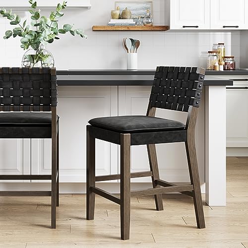 Nathan James Cohen Mid-Century Modern Leather Bar Stool, Counter Height Chair in Solid Wood Frame with Footrest and Woven Leather Back for Kitchen, Black