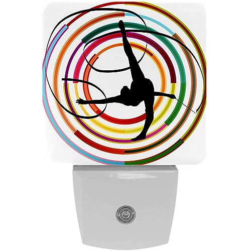 2 Pack Plug-in Nightlight LED Night Light Silhouette of Gymnast Girl Art Gymnastics with Ribbon, Dusk-to-Dawn Sensor for Kid's Room Bathroom, Nursery, Kitchen, Hallway