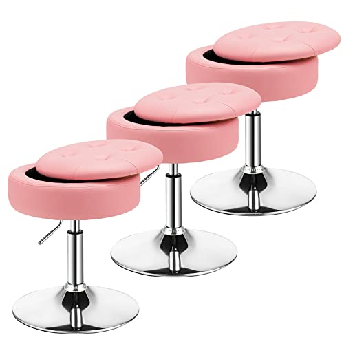 COSTWAY Counter Height Bar Stool Set of 3, Tufted PU Leather 20"-26" H Adjustable Swivel Vanity Chair with Removable Tray Top and Storage Space, Modern Round Ottoman for Makeup Kitchen Island, Pink