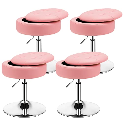 COSTWAY Counter Height Bar Stool Set of 4, Tufted PU Leather 20"-26" H Adjustable Swivel Vanity Chair with Removable Tray Top and Storage Space, Modern Round Ottoman for Makeup Kitchen Island, Pink