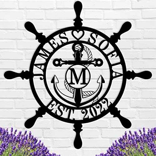 Personalized Ship Wheel Metal Sign, Customized Nautical Wall Decor, Anchor Compass Metal Sign, Family Name Sign, Monogram Wall Decor, Last Name Signs for Home, Housewarming Gift