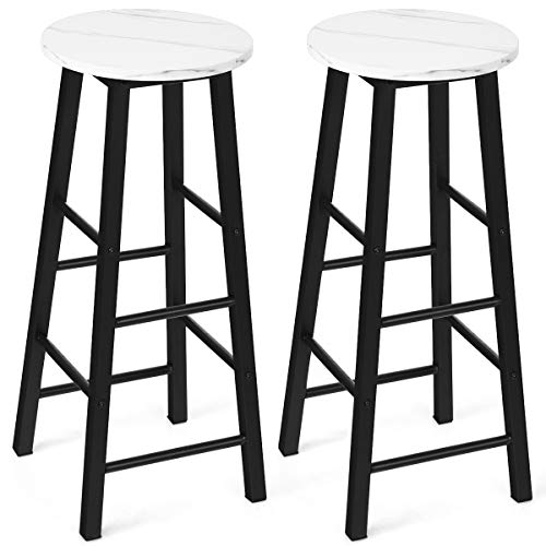 COSTWAY 28Inch Pub Height Bar Stools Set of 2, Faux Marble Bar Stools, Industrial Round Seat Bar Stool, Square Leg Kitchen Counter Stools with Footrest, Pub Dining Height Vintage Bistro Stool (White)