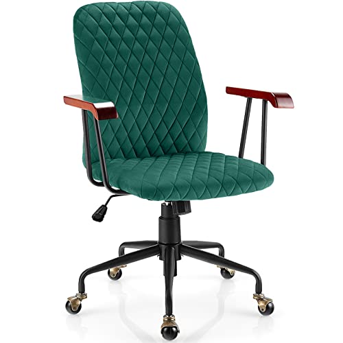 COSTWAY Green Velvet Office Chair, Upholstered Home Leisure Chair with Rubber Wood Armrests & 5-Claw Metal Base, Vintage Mid-Back Computer Desk Chair for Adult, Home, Office, Study