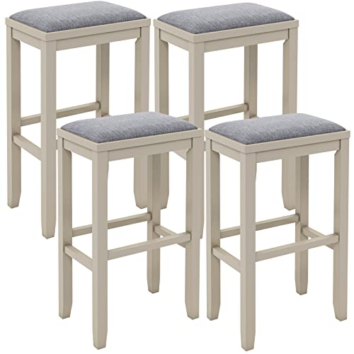 COSTWAY Upholstered Saddle Stools Set of 4, 31-inch Height Vintage Counter Height Chairs with Solid Wood Legs, Modern Backless Design Indoor Bar Stools for Kitchen, Dining, Pub and Bistro, White