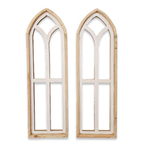 Farmhouse Wooden Wall Windows Ivory Point Medium 32.5" Arches Set of 2 - Rustic Cathedral Wood Windows- Ivory Point