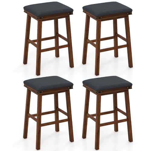 COSTWAY Upholstered Bar Stool, Backless Bar Chairs with PU Leather Padded Seat, Solid Wood Frame and Footrest, Counter Height Stools for Kitchen Island Home Bar (Brown, 30-inch & Set of 4)