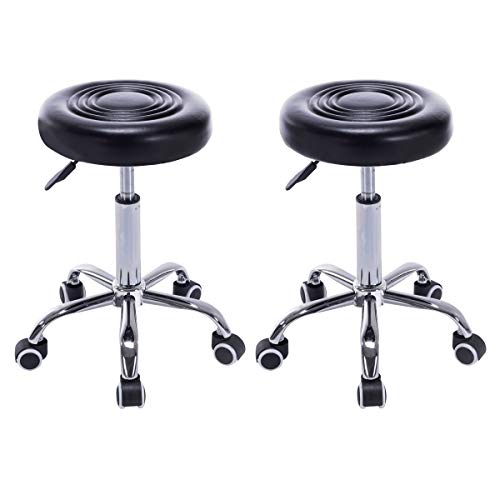 COSTWAY Rolling Stool Ergonomic Swivel Adjustable Hydraulic Drafting Salon Massage Spa Stool with Comfortable Larger Cushioned Seat, Chrome Metal Base (Black Set of 2)