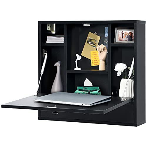 COSTWAY Wall-Mounted Computer Desk, Floating Desk with Storage Drawer & Shelves, Fold-up Desktop & Pneumatic Springs, Ideal for Home, Office, Dormitory, Small Spaces (Black)